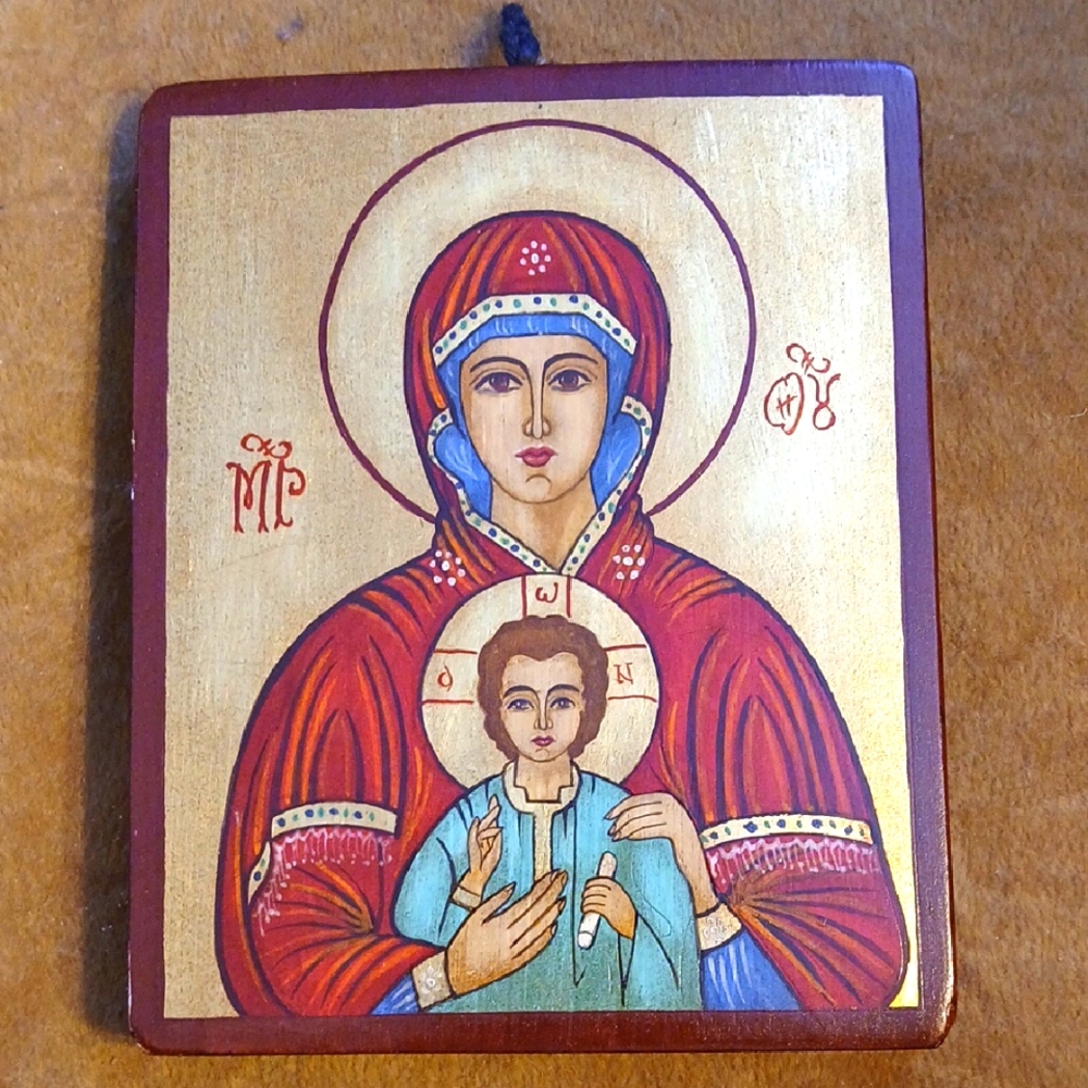 Religious Hand Painted Icon Art with Red and Gold Accents On Wood, Signed